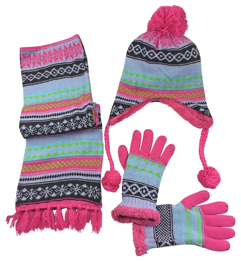 N'Ice Caps Kids Hat Glove Scarf Girls Winter Knit Accessory Set Warm Sherpa Lined 3 Piece (Fuchsia/Light Purple, 8-12 Years) - Image 1